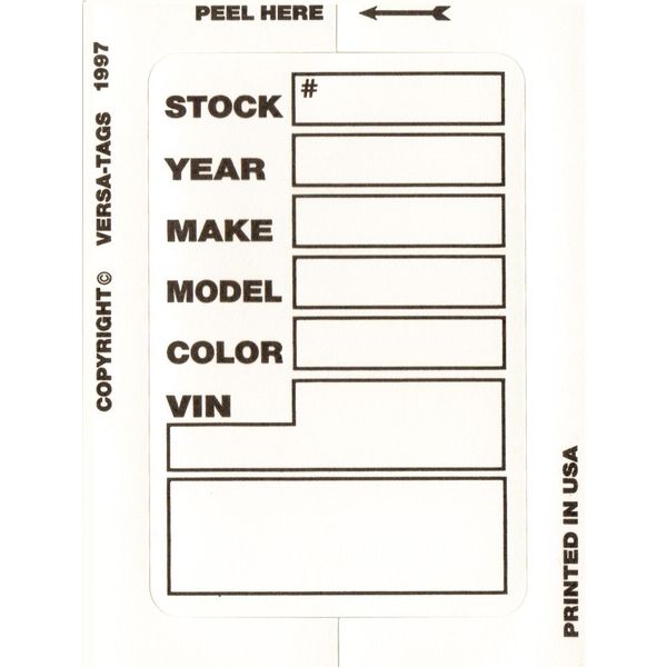 Car Dealer Depot Versa-Tag Kleer-Bak Stock Stickers, 3" X 4", 100 Per Box: White Pk 425